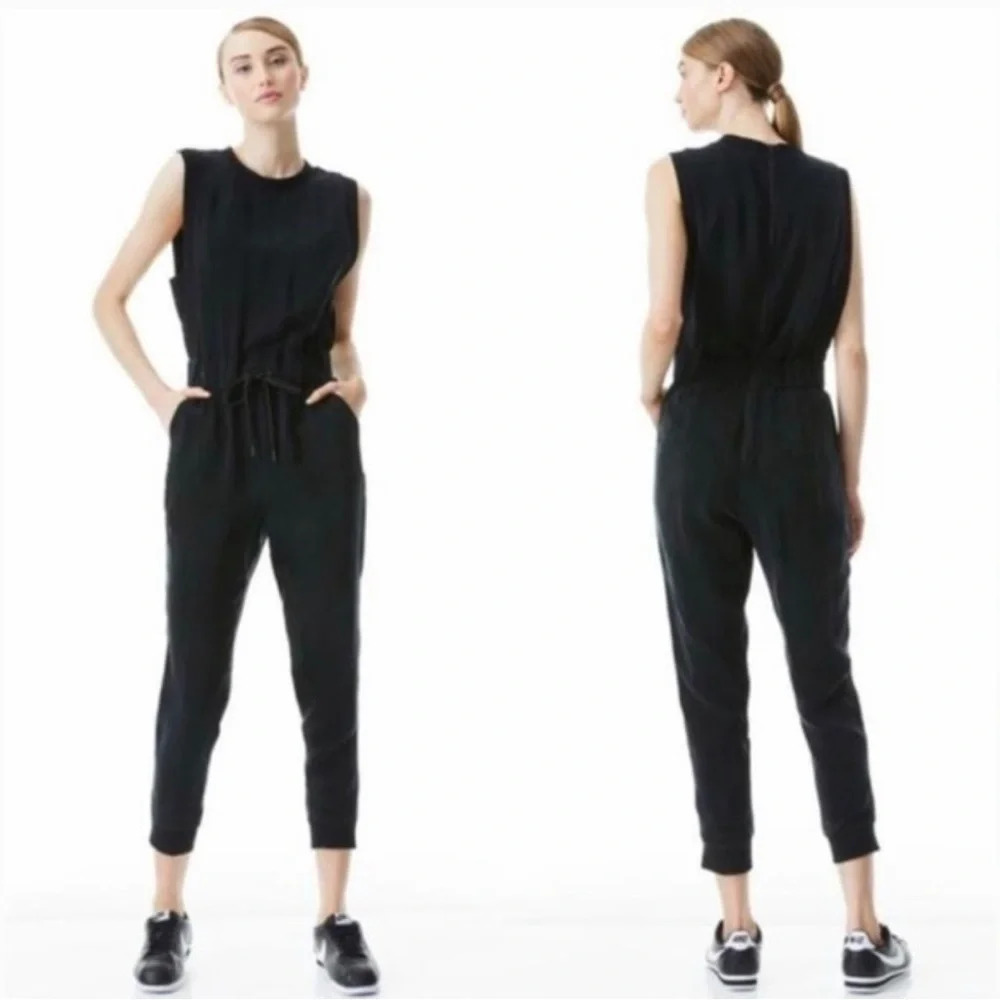ALICE + OLIVIA black drawstring waist tie silk sleeveless tank jumpsuit …